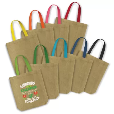 branded Thera Jute Tote Bag - Coloured Handles, from our range of promotional Jute Shopping & Tote Bags