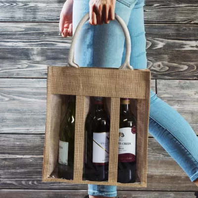 branded Serena Jute Triple Wine Carrier, from our range of promotional Wine Holders & Carriers