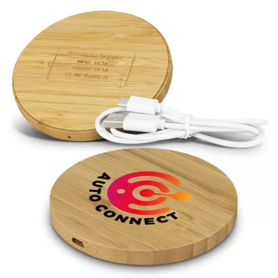 branded Vita Bamboo Wireless Charger - Round, from our range of promotional Phone & Tablet Chargers