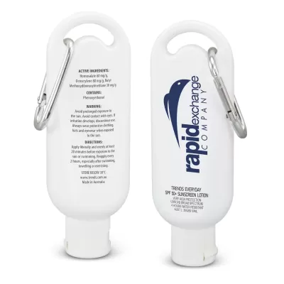 branded TRENDS Everyday SPF 50+ Carabiner Sunscreen 50ml, from our range of promotional Sunscreen & Lip Balm