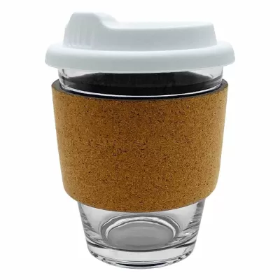 branded Carlo Glass Coffee Cup - Cork Band 340ml, from our range of promotional Reusable Coffee Cups - Glass
