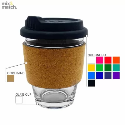 branded Carlo Glass Coffee Cup - Cork Band 340ml, from our range of promotional Reusable Coffee Cups - Glass