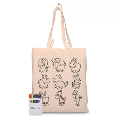 branded Squiggle Calico bag + Crayon set, from our range of promotional Cotton & Calico Tote Bags