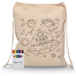 branded Squiggle Calico Drawstring Bag + Crayon set, from our range of promotional Cotton &amp; Calico Tote Bags