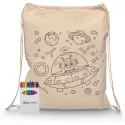 branded Squiggle Calico Drawstring Bag + Crayon set, from our range of promotional Cotton &amp; Calico Tote Bags