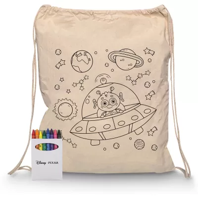 branded Squiggle Calico Drawstring Bag + Crayon set, from our range of promotional Cotton & Calico Tote Bags