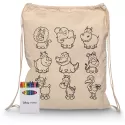 branded Squiggle Calico Drawstring Bag + Crayon set, from our range of promotional Cotton &amp; Calico Tote Bags