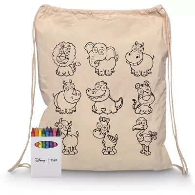 branded Squiggle Calico Drawstring Bag + Crayon set, from our range of promotional Cotton & Calico Tote Bags