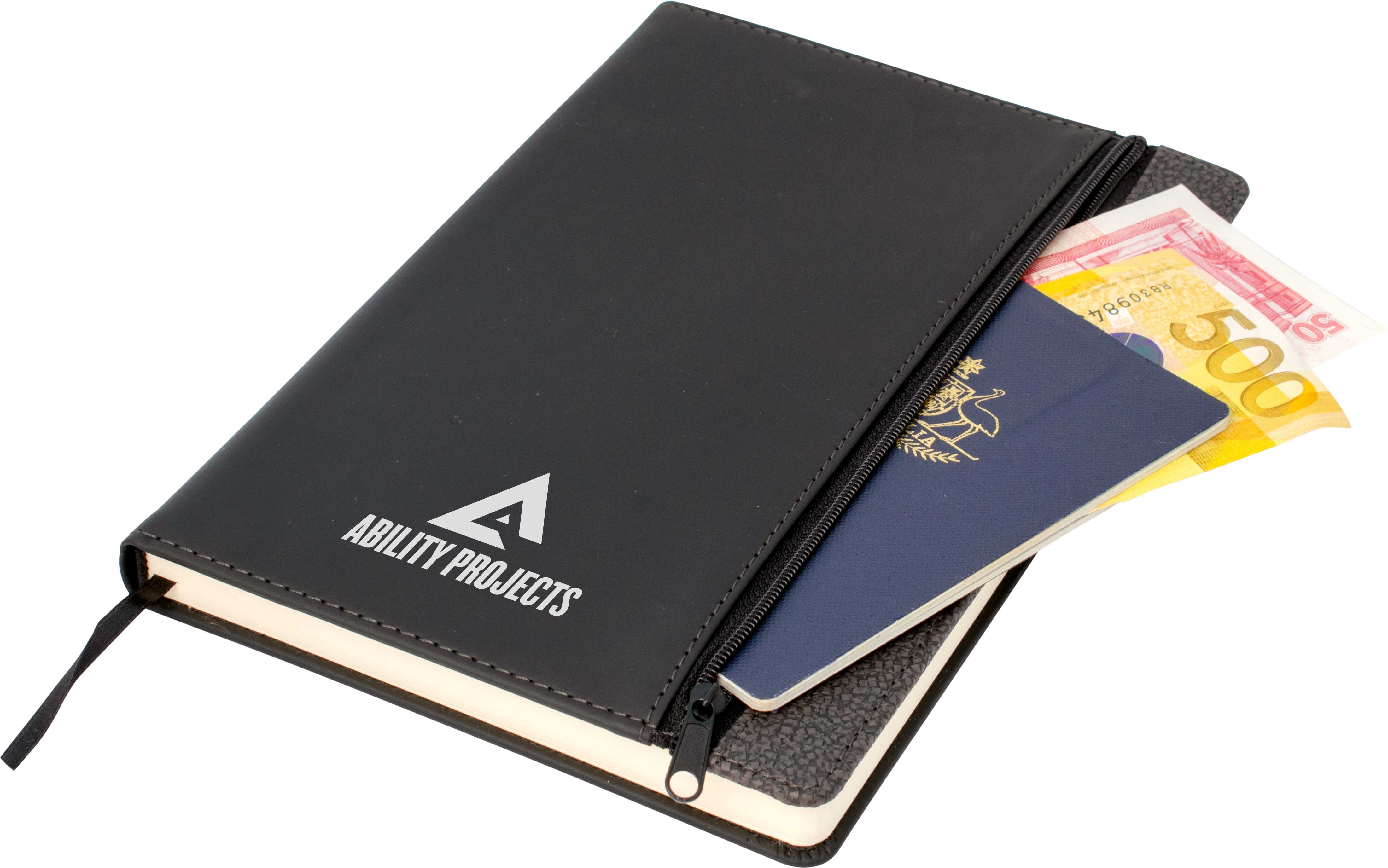 branded Toronto A5 Notebook,Black/Dark Grey Trim, from our range of promotional Promotional Journals & Notebooks