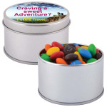 Sweets in Tin Packs - M&amp;Ms in Silver Round Tin