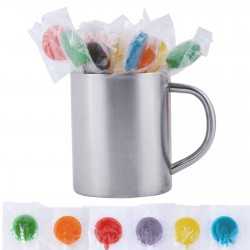 branded Assorted Colour Lollipops in Java Mug, from our range of promotional Promotional Lollies