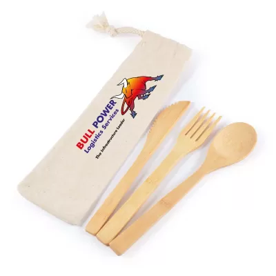 branded Miso Bamboo Cutlery Set in Calico Pouch, from our range of promotional Cutlery and Straws