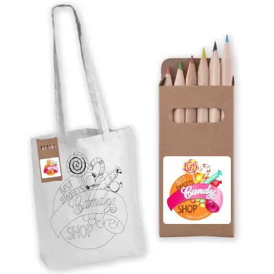 branded Colouring Long Handle Cotton Bag & Pencils, from our range of promotional Shopping Tote Bags