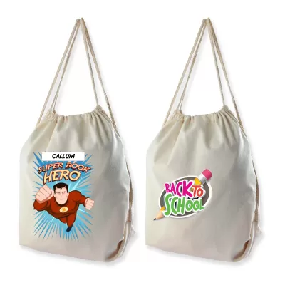 branded Calico Drawstring Library Backpack, from our range of promotional Cotton & Calico Tote Bags