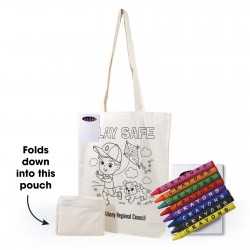 branded Get Crafty Folding Calico Bag and Crayons, from our range of promotional Cotton & Calico Tote Bags