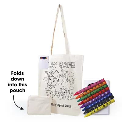 branded Get Crafty Folding Calico Bag and Crayons, from our range of promotional Cotton & Calico Tote Bags