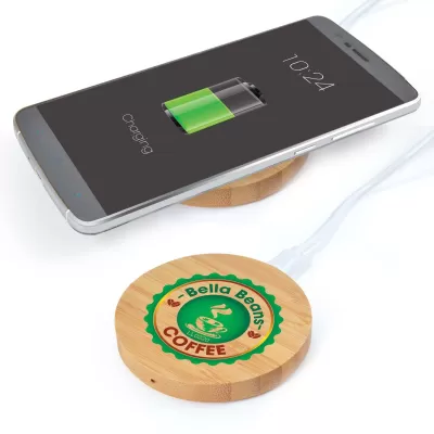 branded Arc Round Bamboo Wireless Charger, from our range of promotional Phone & Tablet Chargers