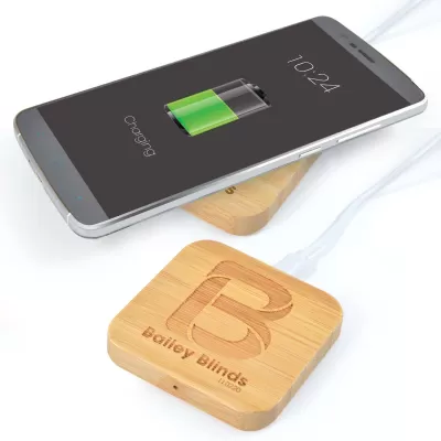 branded Arc Square Bamboo Wireless Charger, from our range of promotional Phone & Tablet Chargers