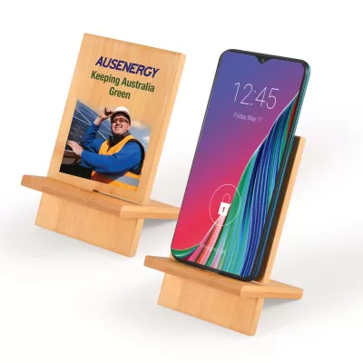 branded Apollo Bamboo Phone Stand, from our range of promotional Phone Accessories