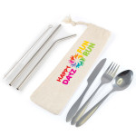 branded Banquet Stainless Steel Cutlery &amp; Straw Set in Calico Pouch, from our range of promotional Cutlery and Straws