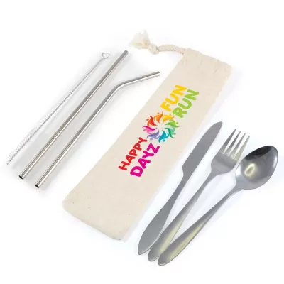 branded Banquet Stainless Steel Cutlery & Straw Set in Calico Pouch, from our range of promotional Cutlery and Straws