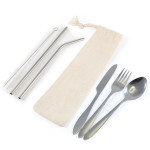 branded Banquet Stainless Steel Cutlery &amp; Straw Set in Calico Pouch, from our range of promotional Cutlery and Straws