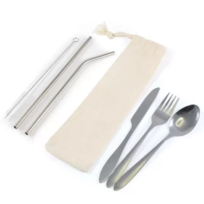 branded Banquet Stainless Steel Cutlery & Straw Set in Calico Pouch, from our range of promotional Cutlery and Straws