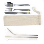 branded Banquet Stainless Steel Cutlery &amp; Straw Set in Calico Pouch, from our range of promotional Cutlery and Straws