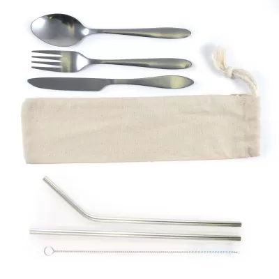 branded Banquet Stainless Steel Cutlery & Straw Set in Calico Pouch, from our range of promotional Cutlery and Straws