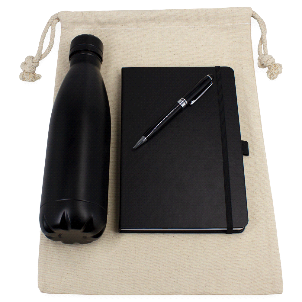 branded Gift Set - Cotton Drawstring Bag, Insulated Bottle, Journal &amp; Pen, from our range of promotional Corporate Christmas ...