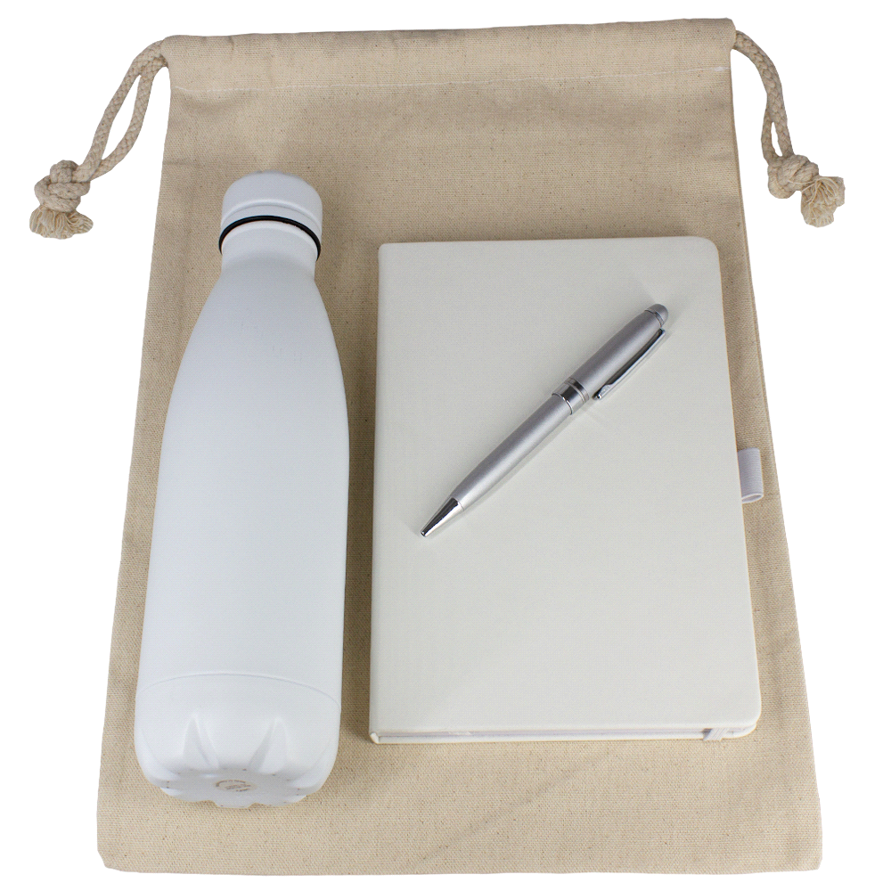 branded Gift Set - Cotton Drawstring Bag, Insulated Bottle, Journal & Pen, from our range of promotional Corporate Christmas ...