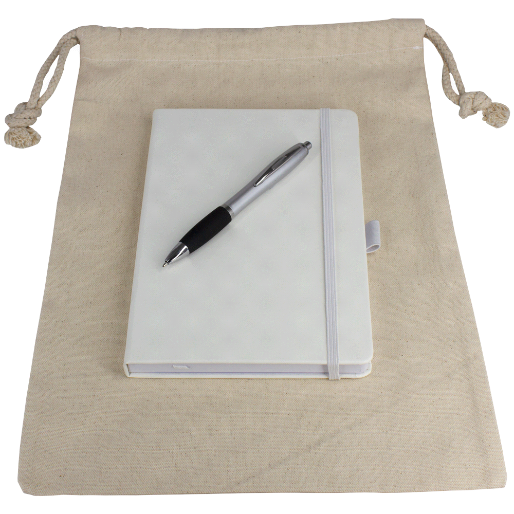 branded Gift Set - Drawstring Bag + JournalBook + Pen, from our range of promotional Corporate Christmas Gifts