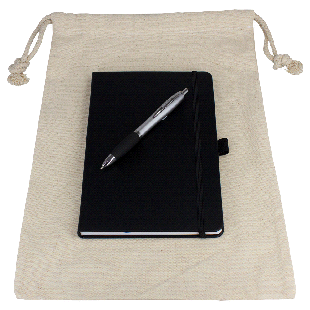 branded Gift Set - Drawstring Bag + JournalBook + Pen, from our range of promotional Corporate Christmas Gifts