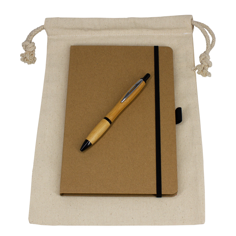 branded Gift Set - Drawstring Bag + JournalBook + Pen, from our range of promotional Corporate Christmas Gifts