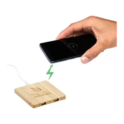 branded FSC Bamboo Wireless Charging Pad with Dual Outputs, from our range of promotional Phone & Tablet Chargers