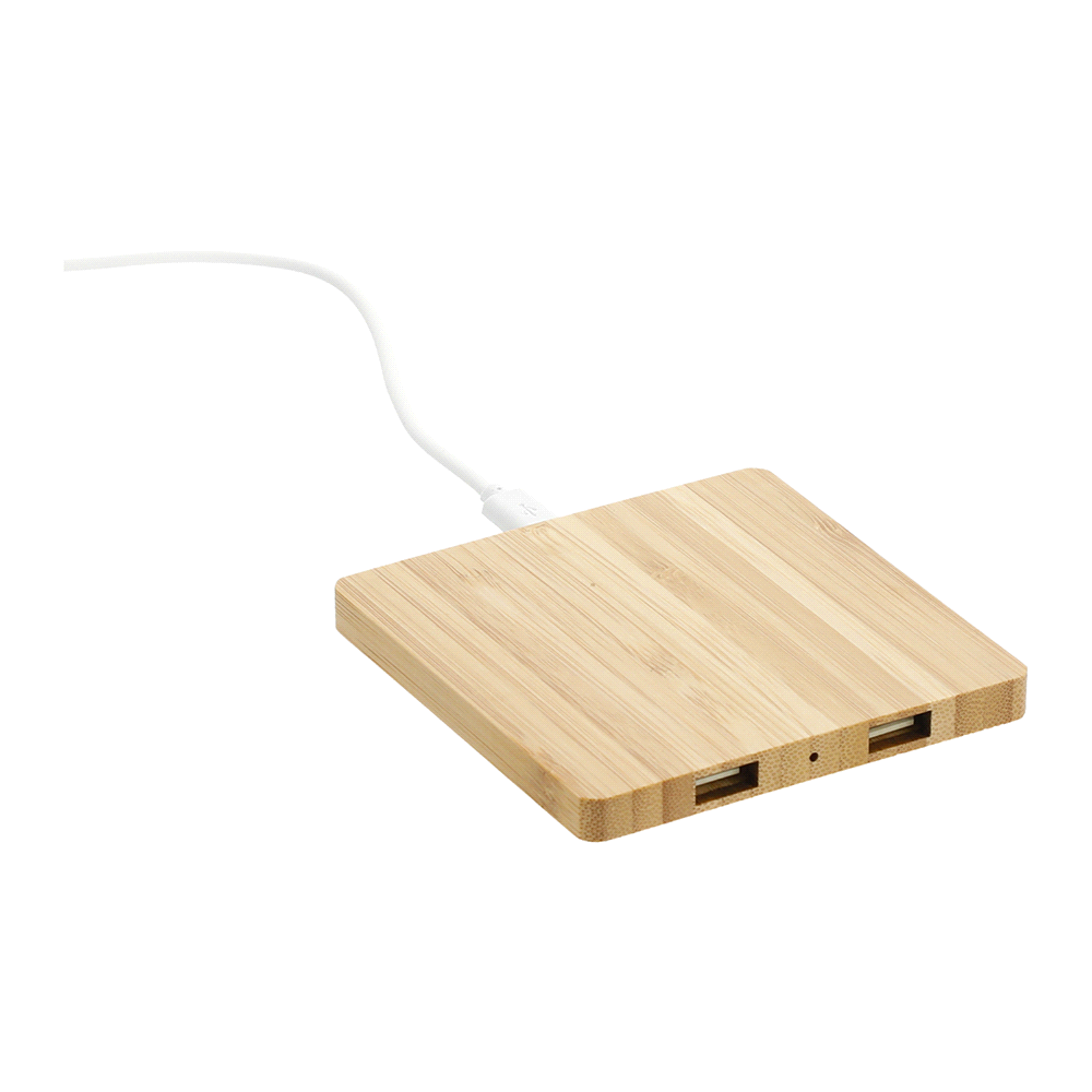 branded FSC Bamboo Wireless Charging Pad with Dual Outputs, from our range of promotional Phone & Tablet Chargers