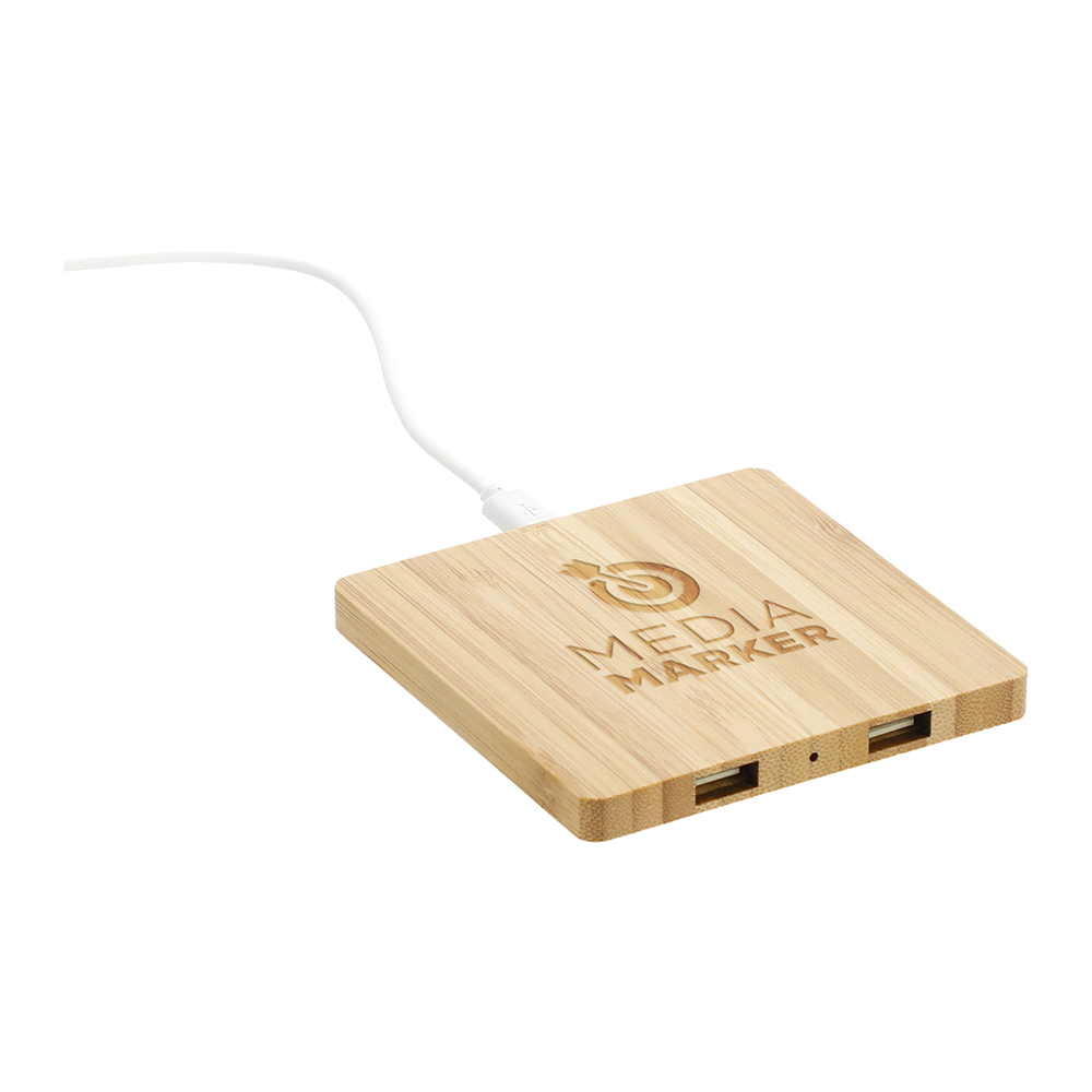 branded FSC Bamboo Wireless Charging Pad with Dual Outputs, from our range of promotional Phone & Tablet Chargers