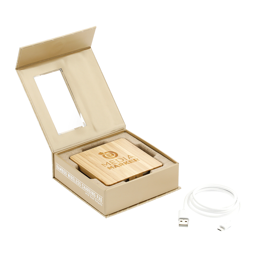 branded FSC Bamboo Wireless Charging Pad with Dual Outputs, from our range of promotional Phone & Tablet Chargers