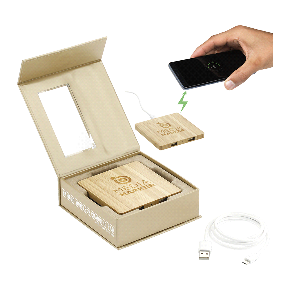 branded FSC Bamboo Wireless Charging Pad with Dual Outputs, from our range of promotional Phone & Tablet Chargers