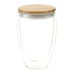 branded Easton Glass Cup with Bamboo lid 355ml, from our range of promotional Reusable Coffee Cups - Glass