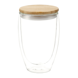 branded Easton Glass Cup with Bamboo lid 355ml, from our range of promotional Reusable Coffee Cups - Glass