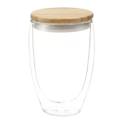 branded Easton Glass Cup with Bamboo lid 355ml, from our range of promotional Reusable Coffee Cups - Glass