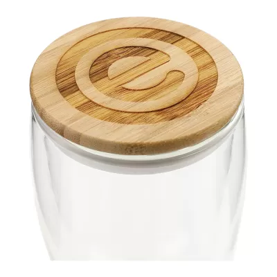 branded Easton Glass Cup with Bamboo lid 355ml, from our range of promotional Reusable Coffee Cups - Glass