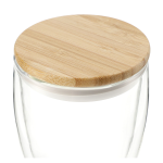 branded Easton Glass Cup with Bamboo lid 355ml, from our range of promotional Reusable Coffee Cups - Glass