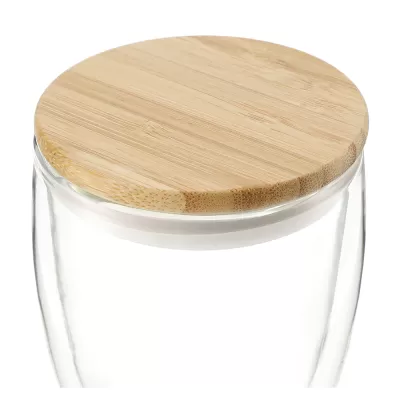 branded Easton Glass Cup with Bamboo lid 355ml, from our range of promotional Reusable Coffee Cups - Glass