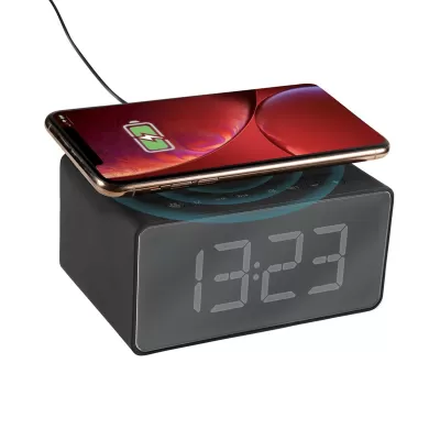 branded Dover Alarm Clock Wireless Charger Speaker, from our range of promotional Phone & Tablet Chargers