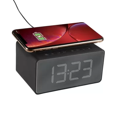 branded Dover Alarm Clock Wireless Charger Speaker, from our range of promotional Phone & Tablet Chargers