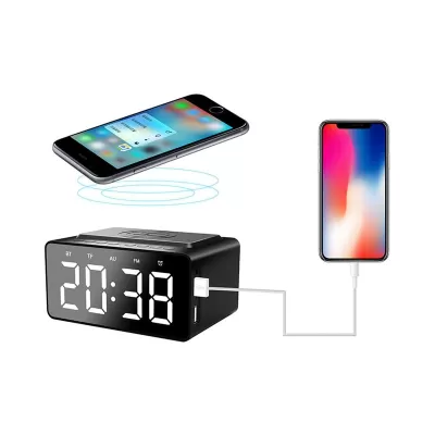 branded Dover Alarm Clock Wireless Charger Speaker, from our range of promotional Phone & Tablet Chargers