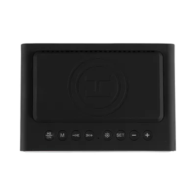 branded Dover Alarm Clock Wireless Charger Speaker, from our range of promotional Phone & Tablet Chargers