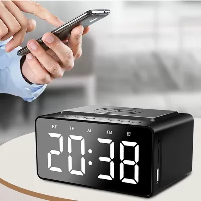 branded Dover Alarm Clock Wireless Charger Speaker, from our range of promotional Phone & Tablet Chargers